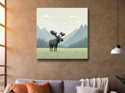 childrens illustration of a moose in the alpine ,canvas wrapped on pine frame