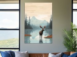 childrens illustration of a moose in the mountains ,canvas wrapped on pine frame