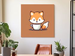 cute baby fox illustration art, morning coffee ,canvas wrapped on pine frame