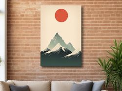 Minimal art of the sun over snow capped mountains ,Canvas wrapped on pine frame