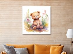 Nursery art, watercolor painting of a cute baby bear ,Canvas wrapped on pine frame