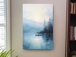 Painting of a fisherman on a torquoise lake ,Canvas wrapped on pine frame