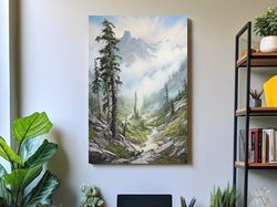 Painting of a trail leading into a foggy alpine scene ,Canvas wrapped on pine frame