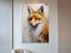 rustic impasto painting of a fox on wood ,canvas wrapped on pine frame
