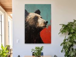 Rustic impasto style painting of a black bear ,Canvas wrapped on pine frame