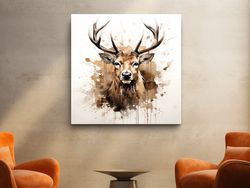 Splattered watercolour painting of a deers head ,Canvas wrapped on pine frame