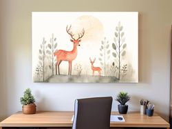 storybook childrens illustration art, cute deer family in the forest ,canvas wrapped on pine frame