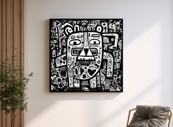 Tribal style doodle illustration of a bear character ,Canvas wrapped on pine frame