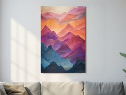 Vibrant colourful mountain range patterns, watercolour style illustration ,Canvas wrapped on pine frame