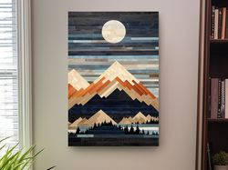 Wooden panel art, painted wood mountains under the night sky ,Canvas wrapped on pine frame