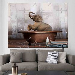 elephant in blue bathtub, elephant canvas, elephant wall decor, black and white canvas, colorful canvas, bathtub elephan