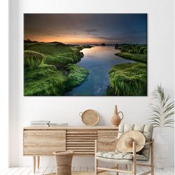 Nature Canvas Decor, Landscape Wall Art Canvas, Green And Blue Canvas Print, Wall Hanging Decor, Sunset Canvas Painting,