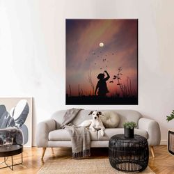 Silhouette Girl Wall Art, Sunset Canvas Decor, Playing the Girl On Grass, Wall Art Canvas, Happy Girl Art, Singer Girl W
