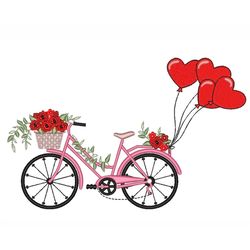 bicycle with balloons embroidery design, valentine's day embroidery file, 3 sizes, instant download