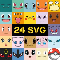 24 pokemon face bundle layered svg, pikachu snorlax bulbasaur squirtle cut files, cricut design instant digital download