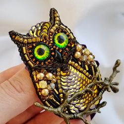Beaded owl brooch, brown bird brooch for women, gift for best friend