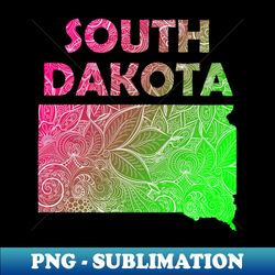 Colorful mandala art map of South Dakota with text in pink and green - Decorative Sublimation PNG File - Bold & Eye-catching