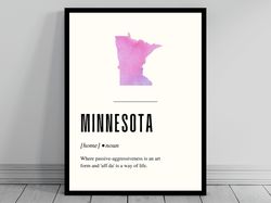 Funny Minnesota Definition Print  Minnesota Poster  Minimalist State Map  Watercolor State Silhouette  Modern Travel  Wo
