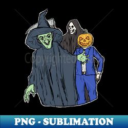 The Witch the Pumpkin and Death Background Black - Vintage Sublimation PNG Download - Stunning Sublimation Graphics