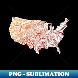 Colorful mandala art map of the United States of America in brown and orange on white background - Unique Sublimation PNG Download - Unleash Your Inner Rebellion