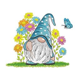 Gnome in Flowers Embroidery Design, 3 sizes, Instant Download