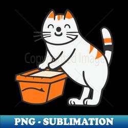 cute and smiley white cat sitting in its cat litter box - png transparent digital download file for sublimation - vibrant and eye-catching typography