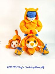 Banana toys amigurumi. Set crochet patterns- three cute toys- Banana cat, Banana dog, Banana boy. Banana dolls DIY.