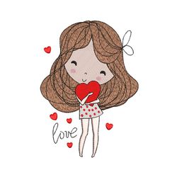 Girl with a Heart Embroidery Design, 3 sizes, Instant Download