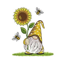 Sunflower Gnome and Bees Embroidery Design, 4 sizes, Instant Download