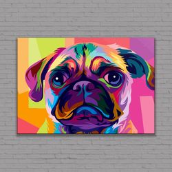 Pop Art Pug Dog Canvas Wall Art, Fanny Retro Vintage Art Print, Rolled Canvas, Framed Ready To Hang