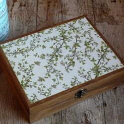 Wooden Tea Box. Green Leaves Decoration Tea Storage Box. Tea Bags Gift Box. Jewelry Box.