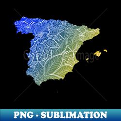 Colorful mandala art map of Spain with text in blue and yellow - Artistic Sublimation Digital File - Fashionable and Fearless