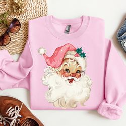 Pink Santa Retro Christmas Sweatshirt for Women Pink Christmas Matching Family Sweaters Pink Vintage Holiday Crewneck Ma