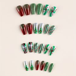 24pcs Glossy Medium Ballerina Fake Nails, Red Green Press On Nails With Glitter Stripe Christmas Tree Design,