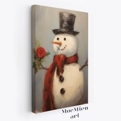 gentleman snowman canvas, poster vintage christmas wall art snowman and rose oil painting cottagecore christmas canvas p