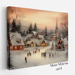 Charming Old Town Canvas, Poster Vintage Christmas Wall Art Christmas Canvas Poster Oil Painting Cottagecore Decor Winte