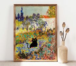 Black Cat Art, Van Gogh Garden Cat Print, Cottage Flowers Black Cat Poster, Funny Cat print, Funny gift Idea Cat In Famo
