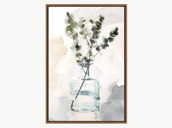 Dark Green Watercolor Eucalyptus Stem in Glass Vase Floral Botanical Illustrations Modern Canvas Art, Frame Large Wall A