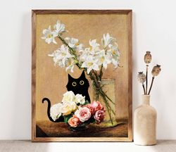 Henri Fantin Roses and Lilies Cat Print, Black Cat Poster, Black Cats, Floral Print, Funny Cat print, Funny gift, Home d