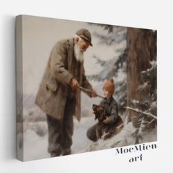 The Grandfather, The Grandchild, and The Dog Canvas Poster Vintage Christmas Wall Art Christmas Canvas Poster Oil Painti
