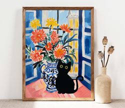 Black Cat Print, Matisse Flowers Cat Poster, Cat Art, Floral Print, Funny Cat, Funny gift, Home decor Poster, Black Kitt