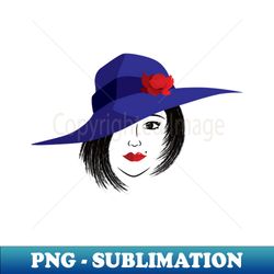 lady wearing a blue hat with red rose - artistic sublimation digital file - vibrant and eye-catching typography