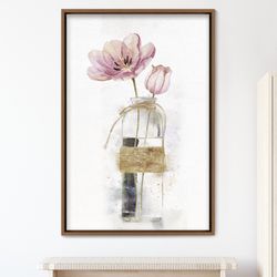 Watercolor Bouquet of Pink Tulips in Glass Vase Floral Botanical Illustrations Modern Canvas Art, Frame Large Wall Art,