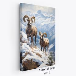 Wilderness Argali Canvas, Poster Vintage Christmas Oil Painting Mountain Moody Wall Art Canvas Poster Natural Landscape