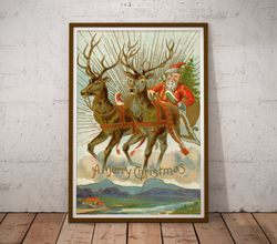 1908 Santa's Reindeer Postcard POSTER! (up to 24 x 36) - Decoration - Embossed - Antique - Vintage