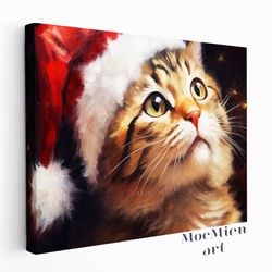 A Cute Cat Wearing Santa Hat and Looking Up At The Stars On Christmas Eve Wall Art Canvas Poster Oil Painting Cottagecor