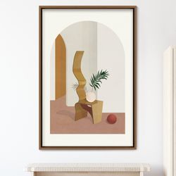 Abstract Arch View Room with Geometric Table and Palm Leaf Geometric Shapes Illustrations Canvas Art, Frame Large Wall A