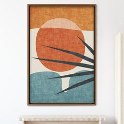 Abstract Blue Palm Tree and Red Sun Geometric Shapes Illustrations Modern Canvas Art Print, Frame Large Wall Art, Gift,