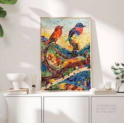 Antoni Gaudi Mosaic Poster, Colorful Birds Print, Sparrow Abstract Art, Modern Expressionism Art, Bird Marble Modern Wal