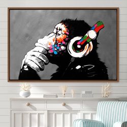 Banksy Thinking Monkey with Headphones Canvas Art Print, Frame Large Wall Art, Gift, Wall Decor